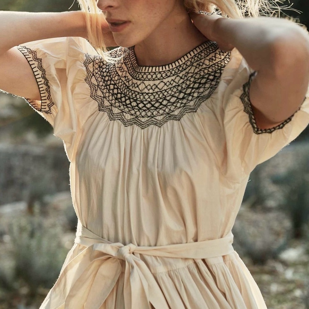 Doen Cream Smocked Yoke Cotton Dress with Black Embroidery
